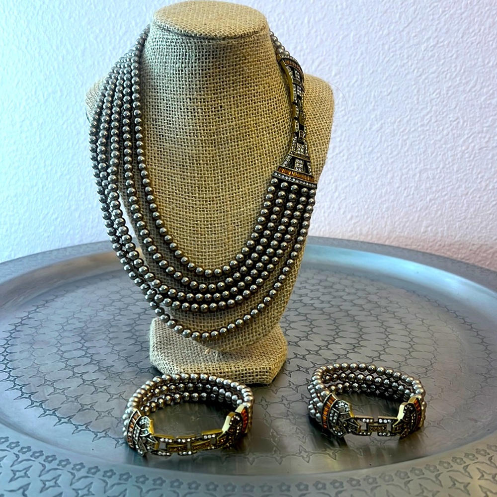 Heidi Daus art deco necklace bracelet set. Gold pearl and amber diamond clasps.